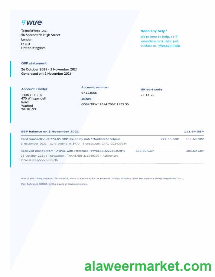 United Kingdom Wise bank statement template in Word and PDF format